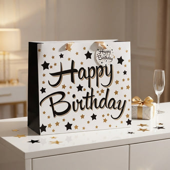 Pungă cadou Happy Birthday neagră cu stele 26cm