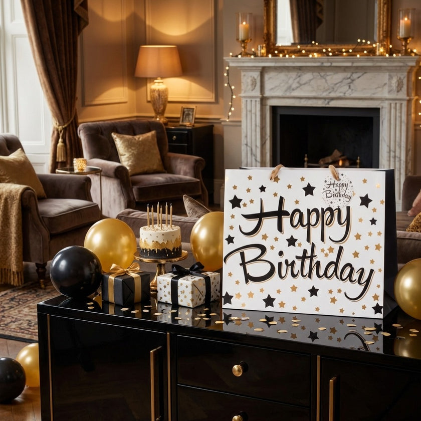 Pungă cadou Happy Birthday neagră cu stele 26cm