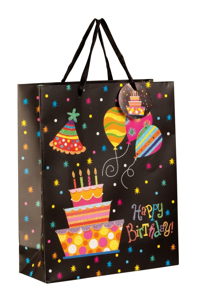 Pungă cadou Happy Birthday cu tort și baloane 32cm
