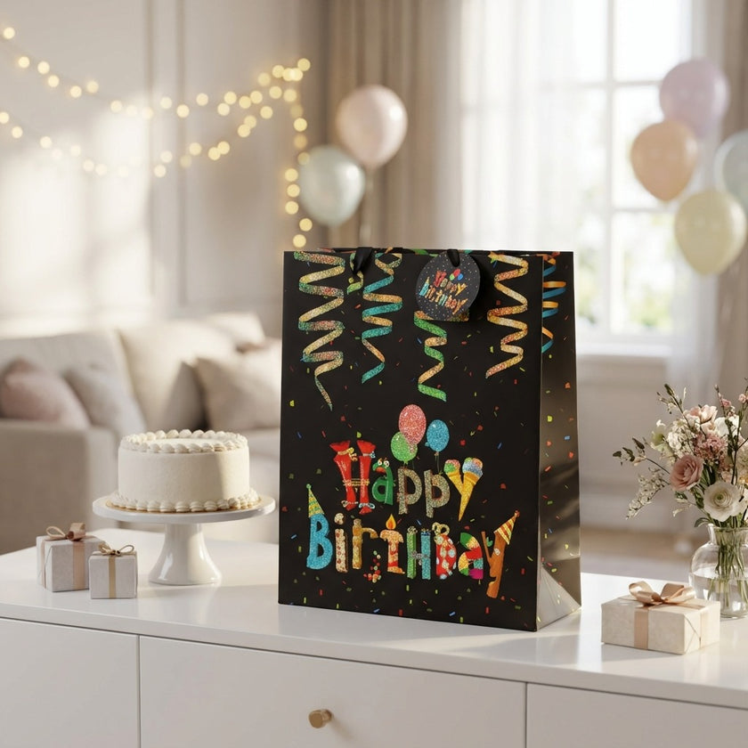 Pungă cadou Happy Birthday confeti 32cm