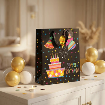Pungă cadou Happy Birthday cu tort și baloane 32cm