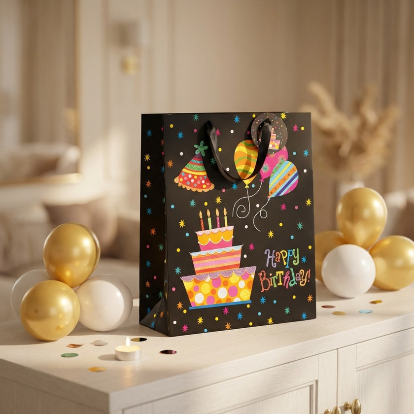 Pungă cadou Happy Birthday cu tort și baloane 32cm