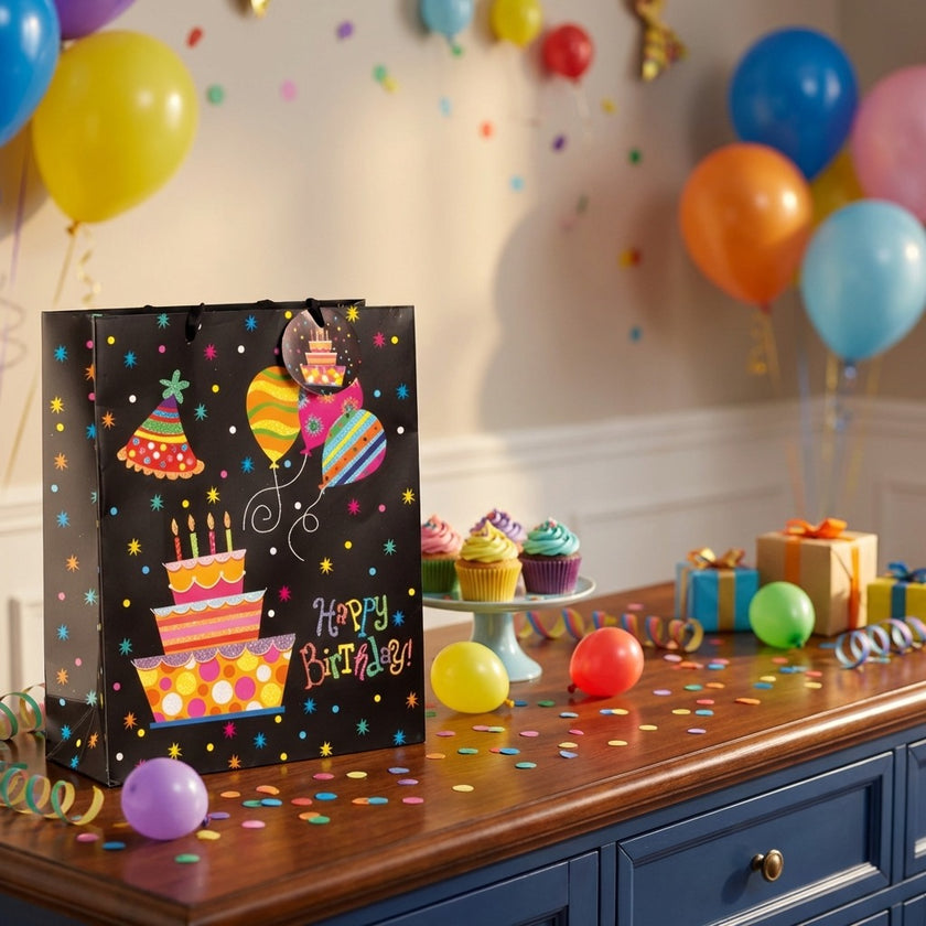 Pungă cadou Happy Birthday cu tort și baloane 32cm