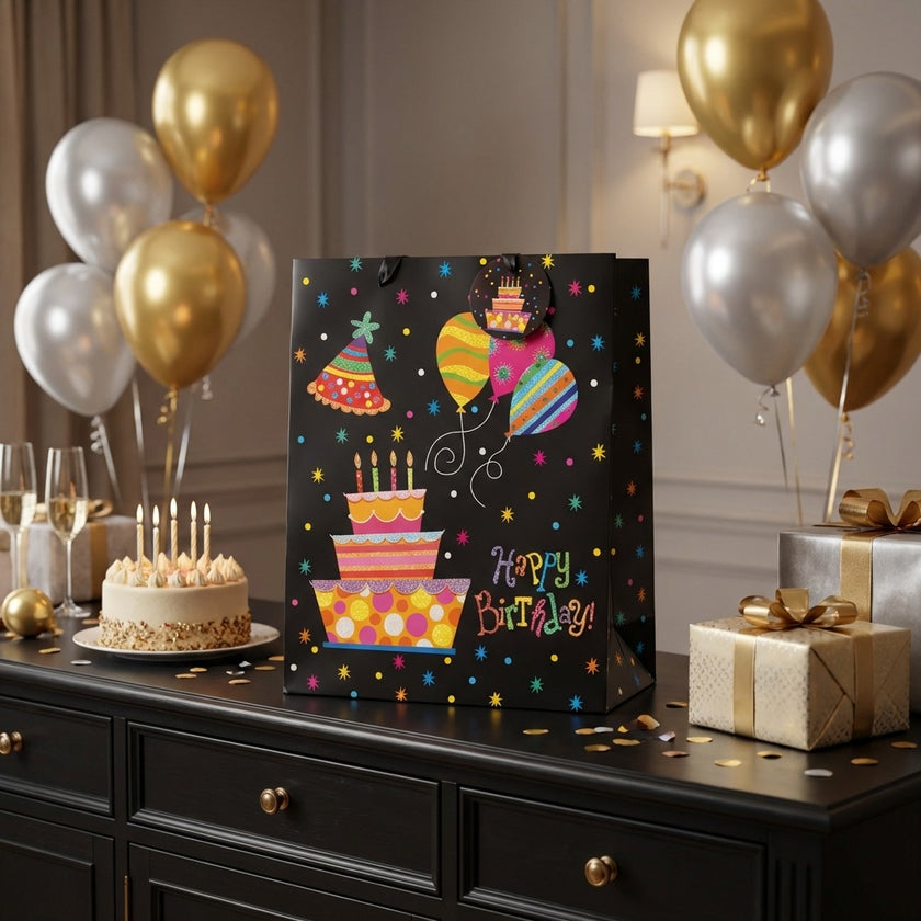 Pungă cadou Happy Birthday cu tort și baloane 32cm