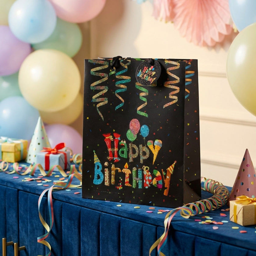 Pungă cadou Happy Birthday confeti 32cm