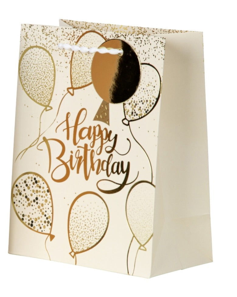 Pungă cadou Happy Birthday cu baloane aurii 23cm