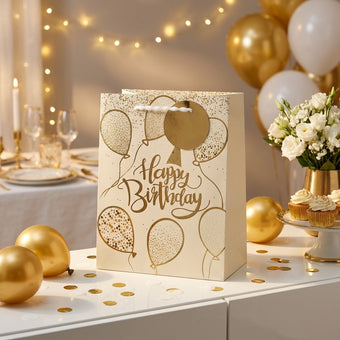 Pungă cadou Happy Birthday cu baloane aurii 23cm