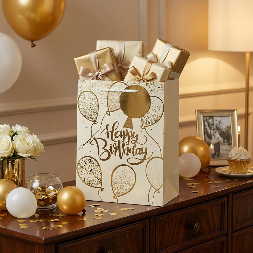 Pungă cadou Happy Birthday cu baloane aurii 23cm