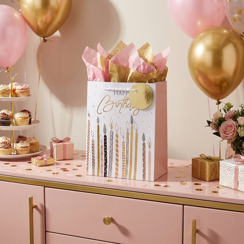 Pungă cadou Happy Birthday cu lumânări 23cm