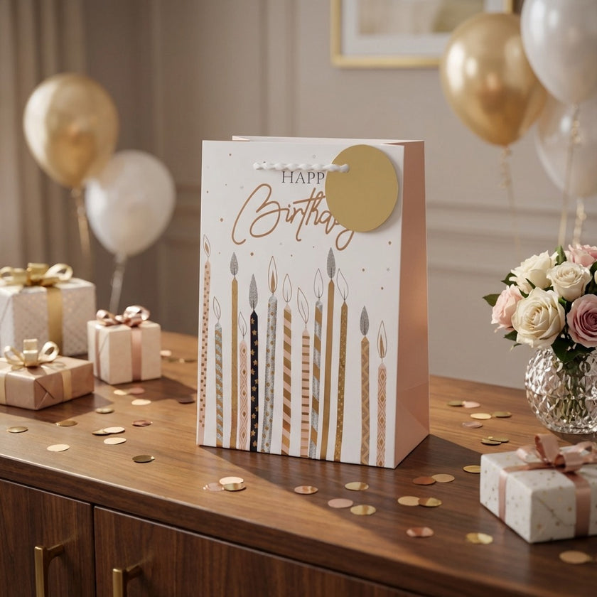 Pungă cadou Happy Birthday cu lumânări 23cm