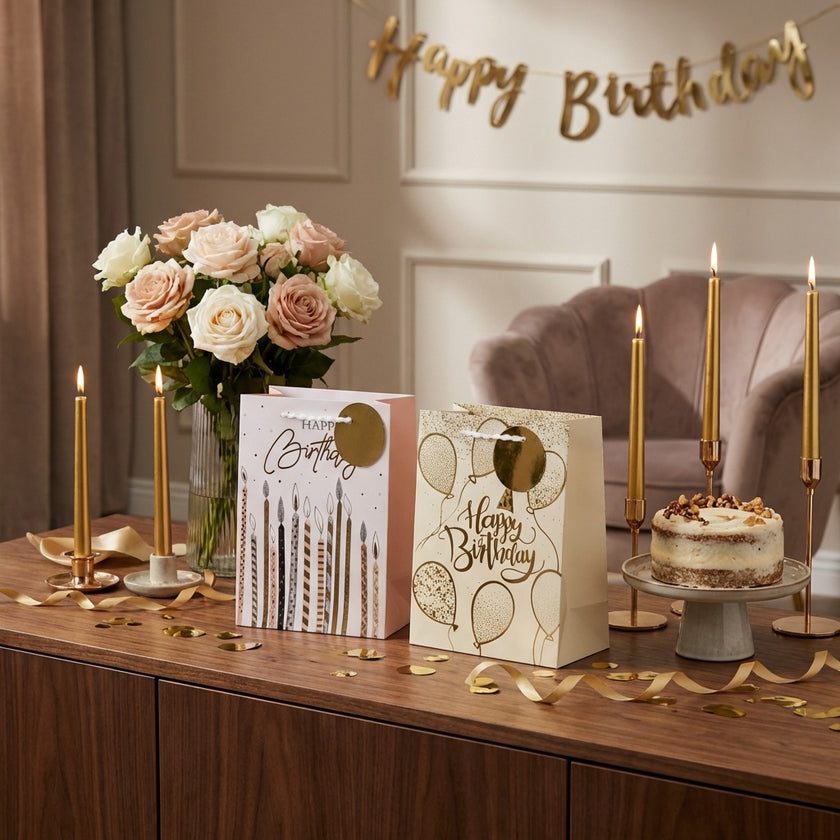 Pungă cadou Happy Birthday cu baloane aurii 23cm