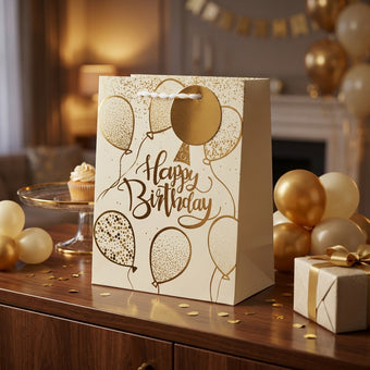 Pungă cadou Happy Birthday cu baloane aurii 23cm