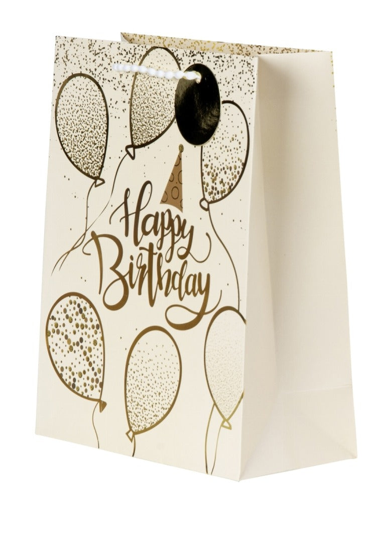 Pungă cadou Happy Birthday cu baloane aurii 32cm