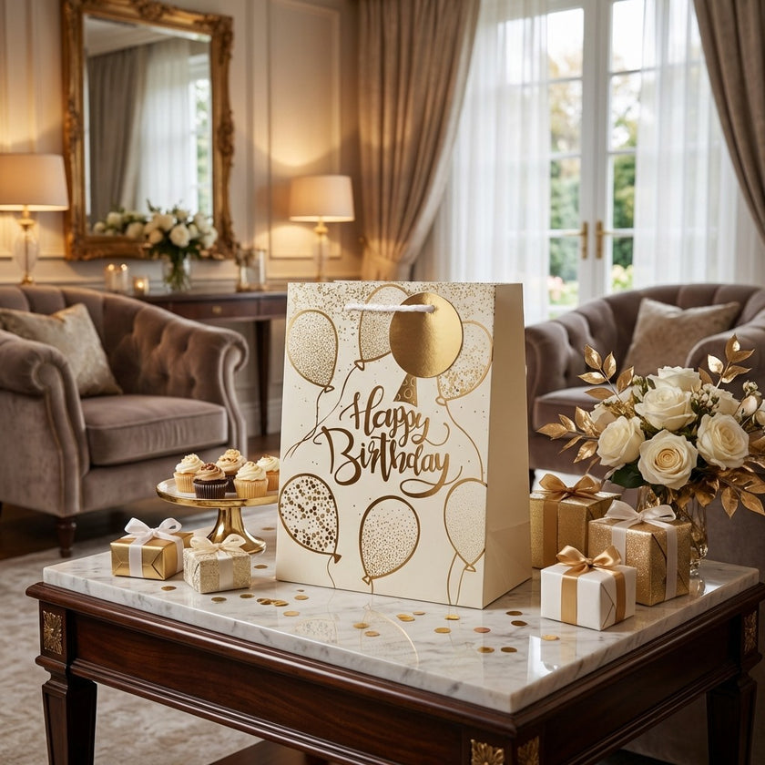 Pungă cadou Happy Birthday cu baloane aurii 32cm