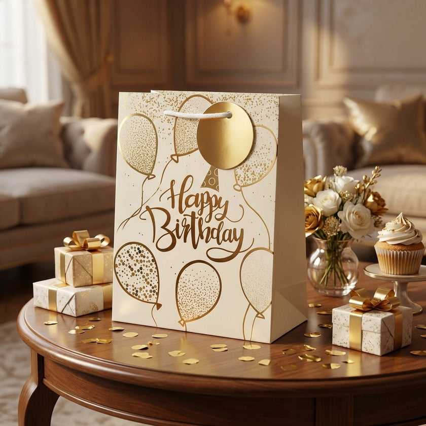 Pungă cadou Happy Birthday cu baloane aurii 32cm