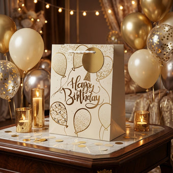 Pungă cadou Happy Birthday cu baloane aurii 32cm
