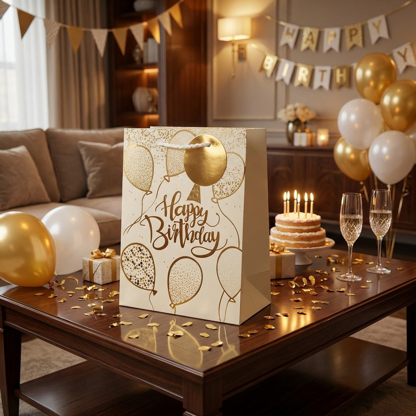 Pungă cadou Happy Birthday cu baloane aurii 32cm