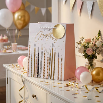 Pungă cadou Happy Birthday cu lumânări 32cm