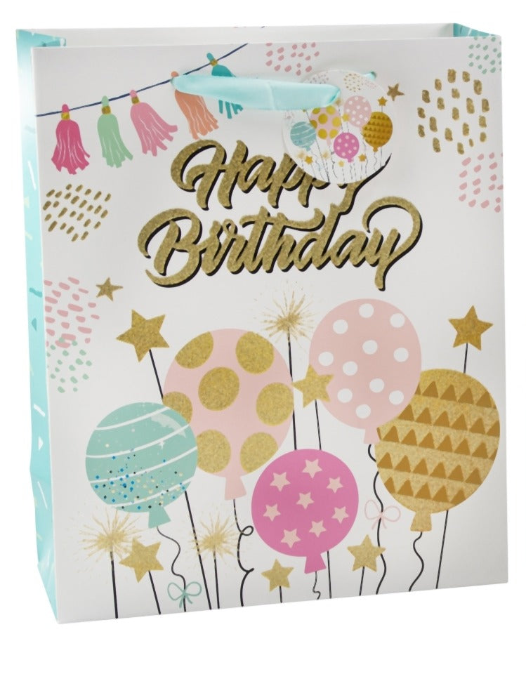 Pungă cadou Happy Birthday albastră cu baloane 32cm