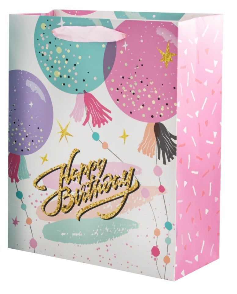 Pungă cadou Happy Birthday roz cu baloane 32cm
