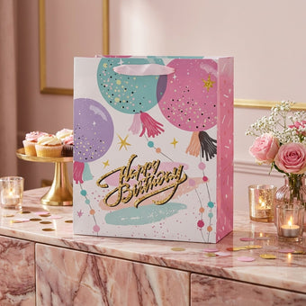 Pungă cadou Happy Birthday roz cu baloane 32cm