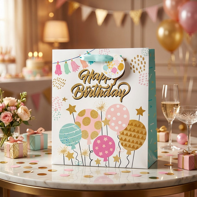 Pungă cadou Happy Birthday albastră cu baloane 32cm