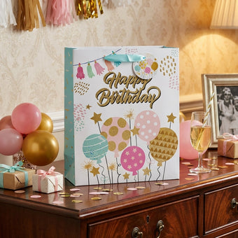 Pungă cadou Happy Birthday albastră cu baloane 32cm
