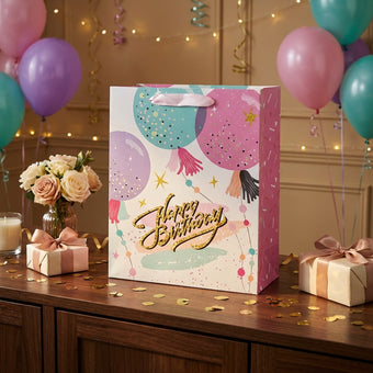 Pungă cadou Happy Birthday roz cu baloane 32cm