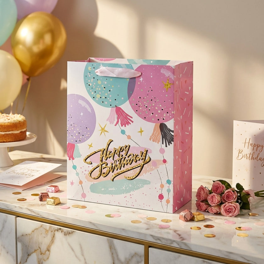 Pungă cadou Happy Birthday roz cu baloane 32cm