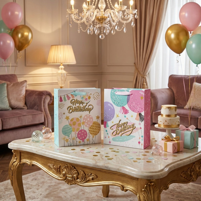 Pungă cadou Happy Birthday roz cu baloane 32cm