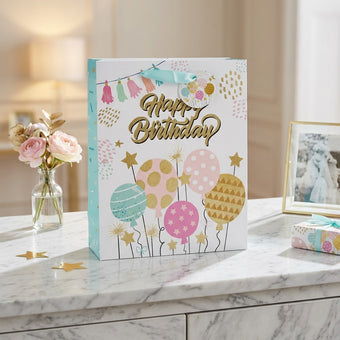 Pungă cadou Happy Birthday albastră cu baloane 32cm