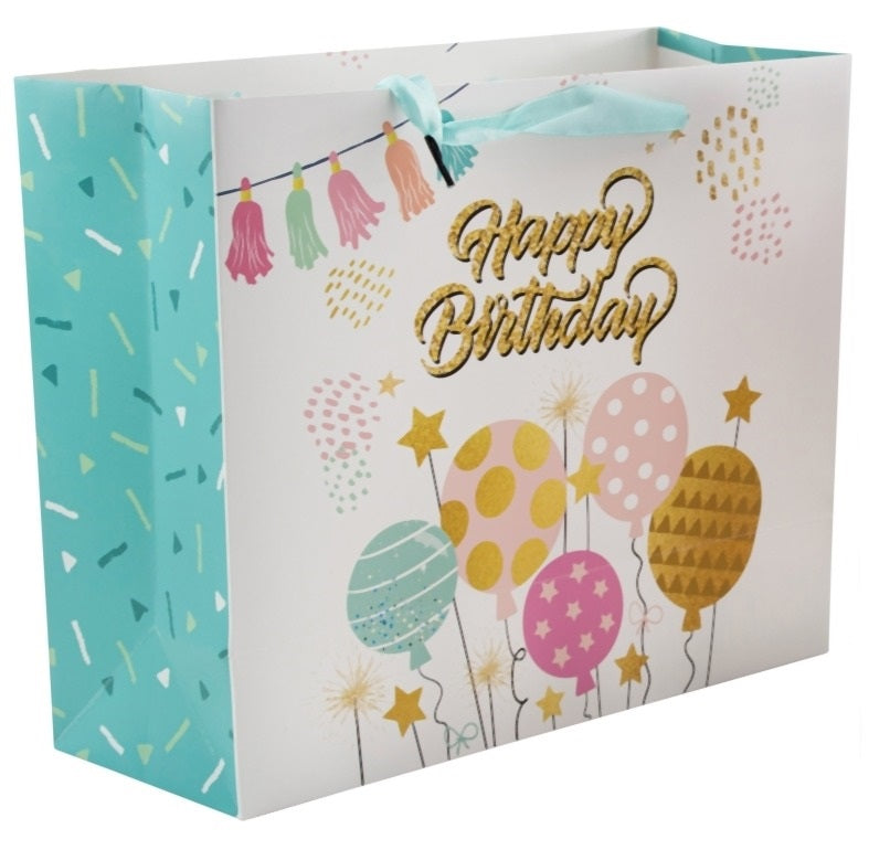 Pungă cadou Happy Birthday albastră cu baloane 26cm