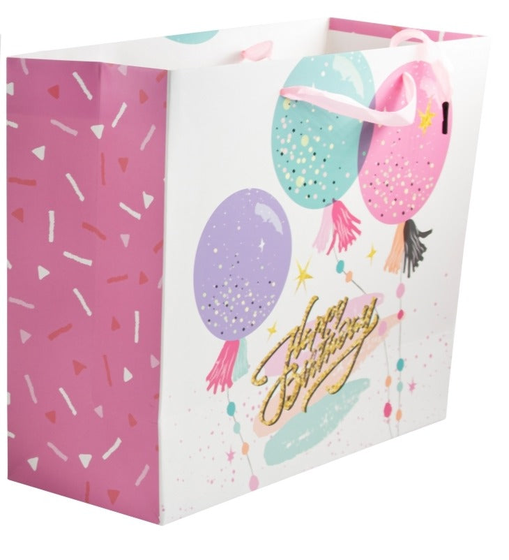 Pungă cadou Happy Birthday roz cu baloane 26cm