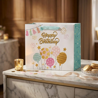 Pungă cadou Happy Birthday albastră cu baloane 26cm