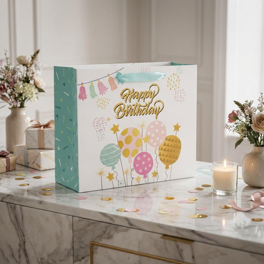 Pungă cadou Happy Birthday albastră cu baloane 26cm