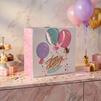 Pungă cadou Happy Birthday roz cu baloane 26cm