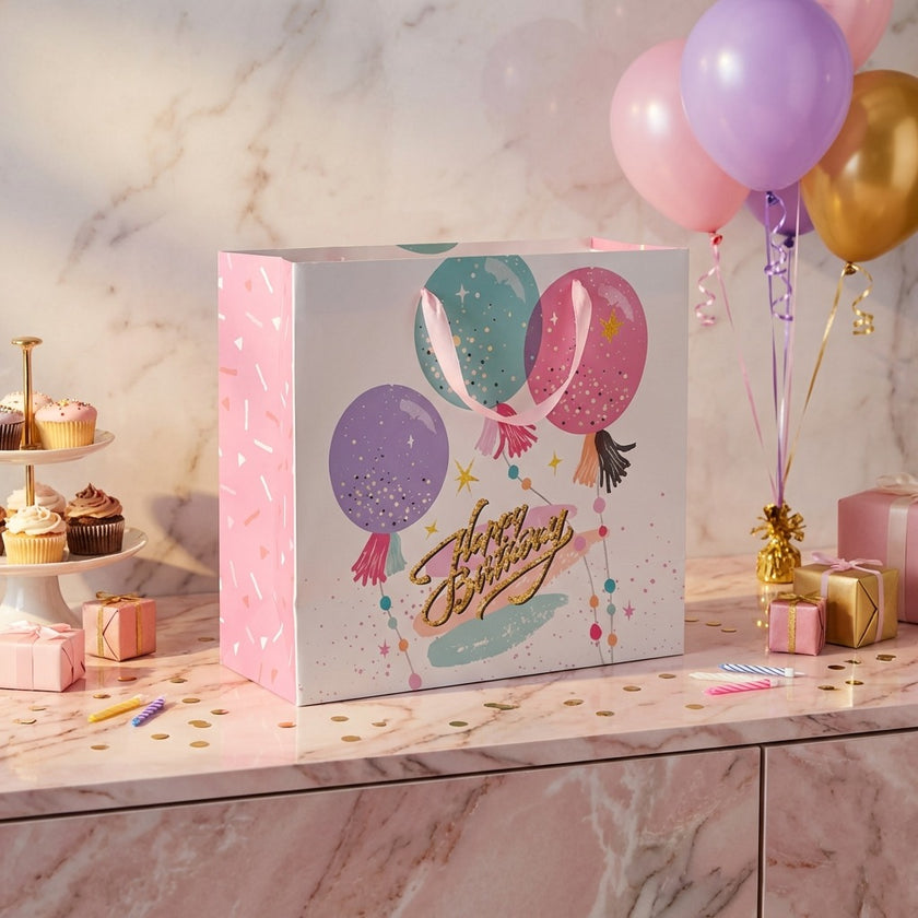 Pungă cadou Happy Birthday roz cu baloane 26cm