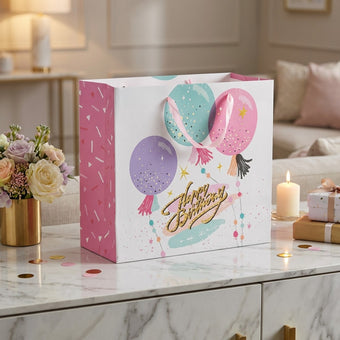 Pungă cadou Happy Birthday roz cu baloane 26cm