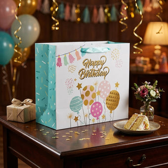 Pungă cadou Happy Birthday albastră cu baloane 26cm