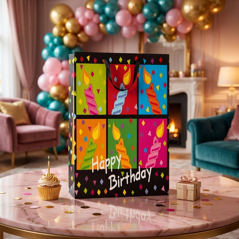 Pungă cadou Happy Birthday XXL cu lumânări 72cm