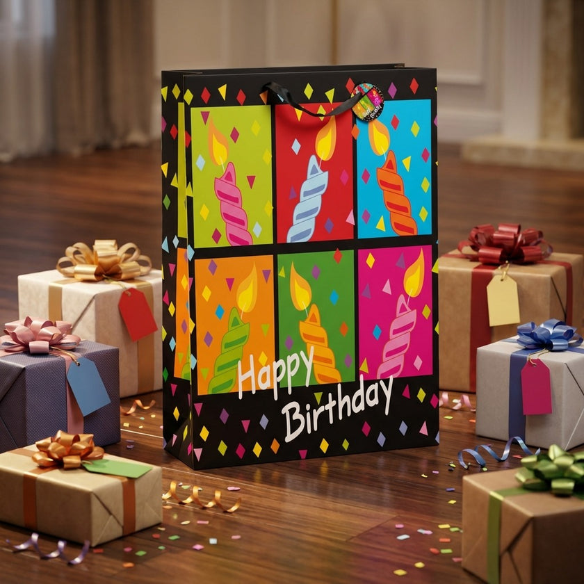 Pungă cadou Happy Birthday XXL cu lumânări 72cm