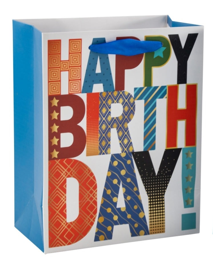 Pungă cadou Happy Birthday cu litere colorate 23cm