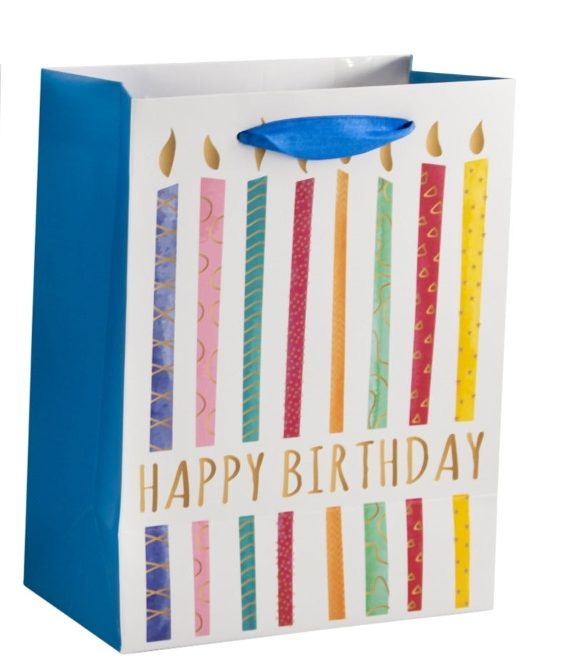 Pungă cadou Happy Birthday albastră cu lumânări colorate 23cm