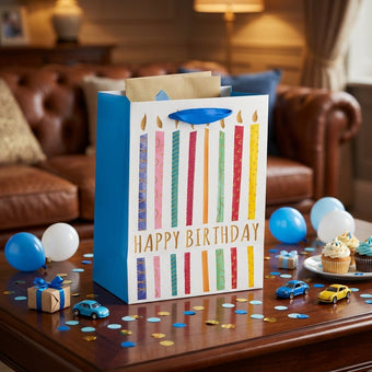 Pungă cadou Happy Birthday albastră cu lumânări colorate 23cm