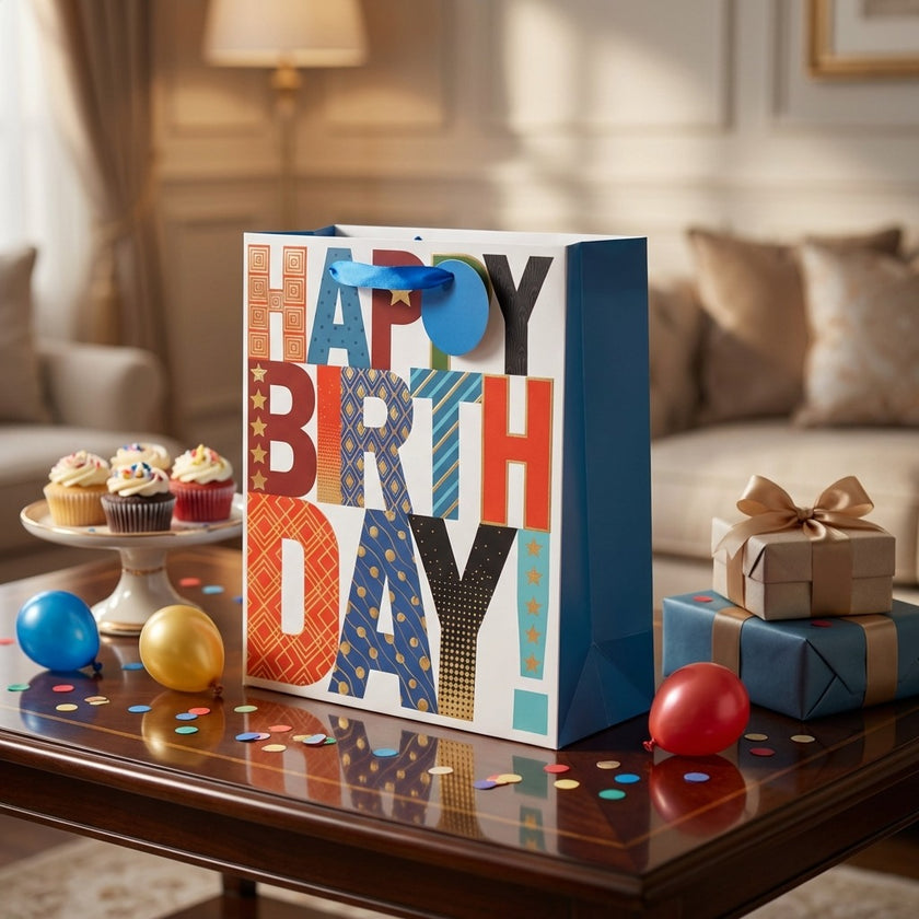 Pungă cadou Happy Birthday cu litere colorate 23cm