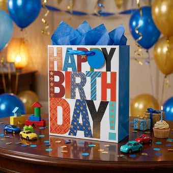 Pungă cadou Happy Birthday cu litere colorate 23cm