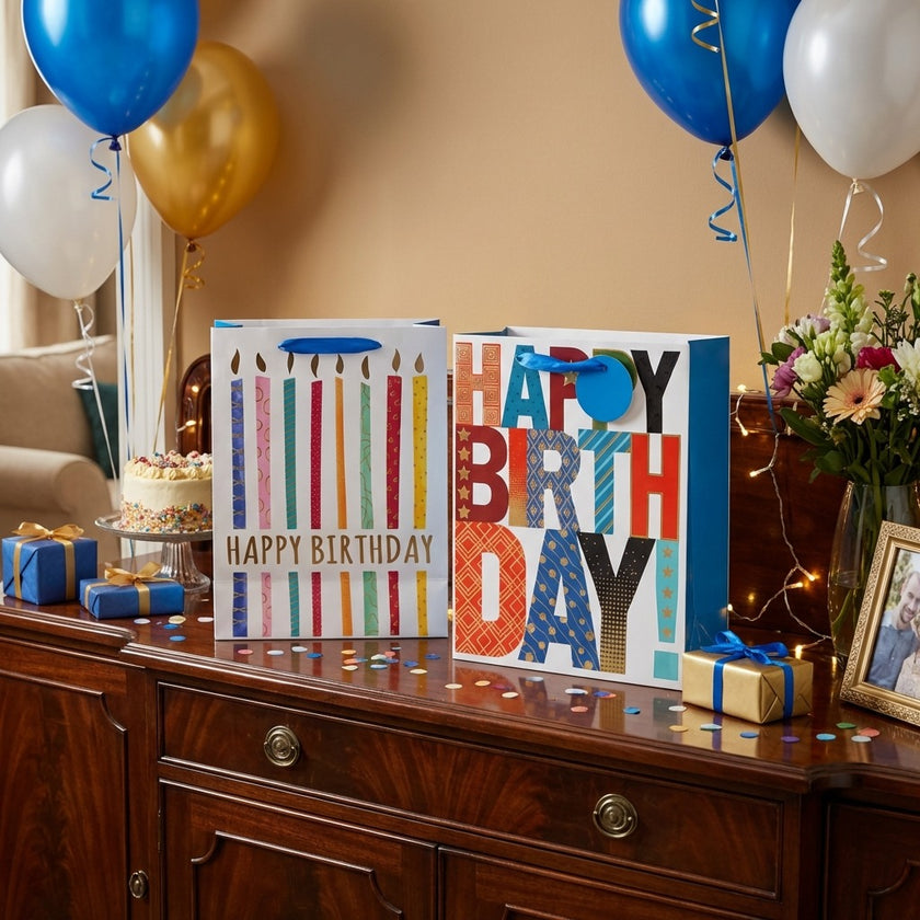 Pungă cadou Happy Birthday albastră cu lumânări colorate 23cm