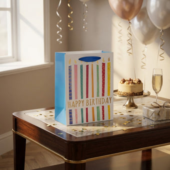 Pungă cadou Happy Birthday albastră cu lumânări colorate 23cm