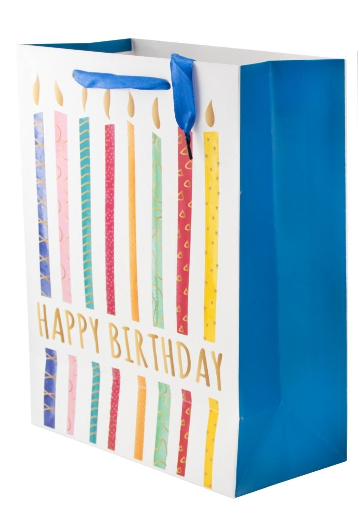Pungă cadou Happy Birthday albastră cu lumânări colorate 32cm