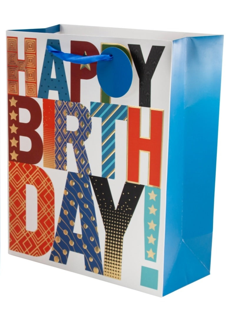 Pungă cadou Happy Birthday cu litere colorate 32cm
